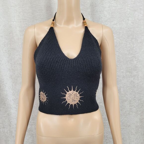Romwe Black Sun Embroidered  Halter Crop Top Hippie Boho Festival NEW - Picture 1 of 11